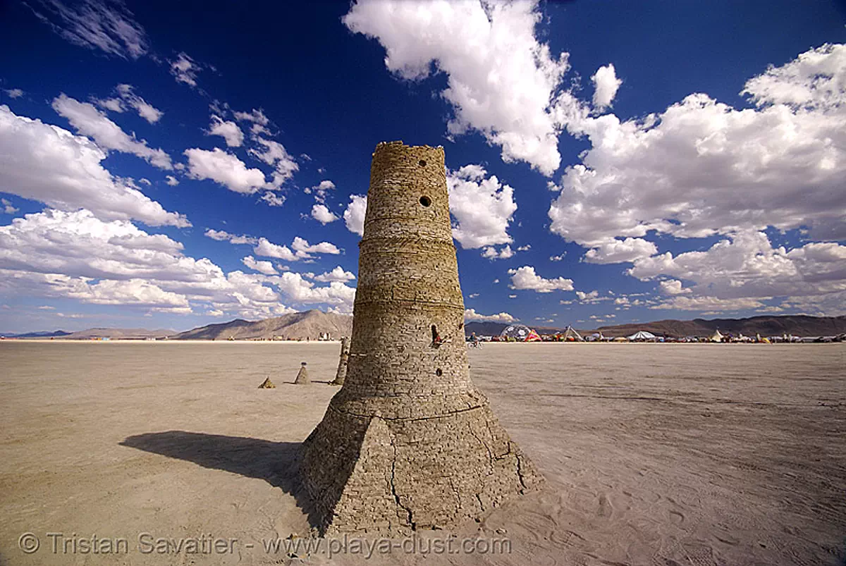 stone tower - playa ruins - burning man 2007, art installation, burning man festival, stock photo
