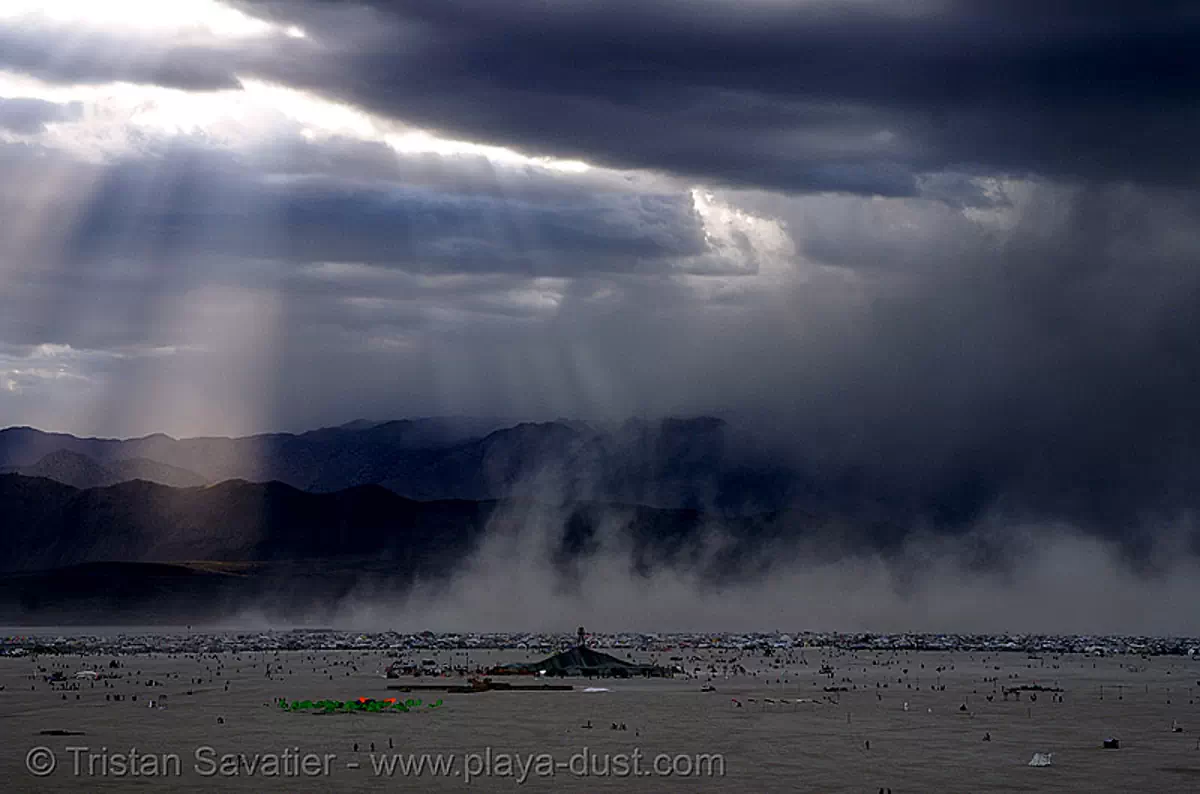 stormy sky over black rock city - burning man 2007, burning man festival, stock photo
