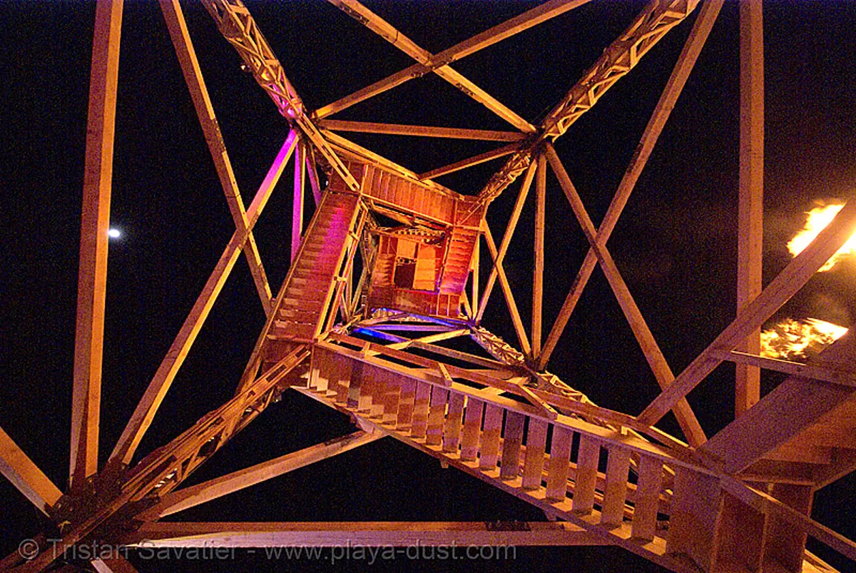 crude awakening - burning man 2007, art installation, burning man festival, dan das mann, night, oil derrick, wood tower, stock photo