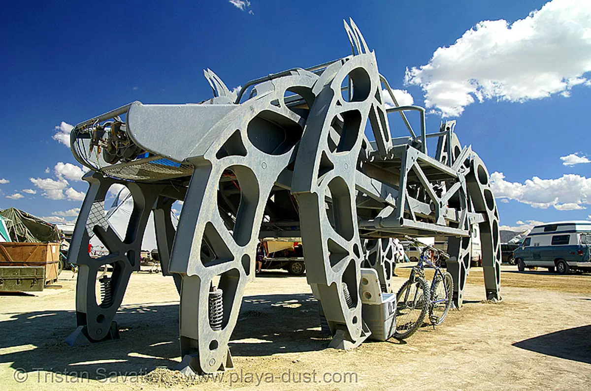 "walking beast" giant motorized spider - burning man 2007, arachnide, art car, biomimicry, burning man car, burning man festival, hydraulic, machinery, mechanical, moltensteelman, walker, walking machine, stock photo