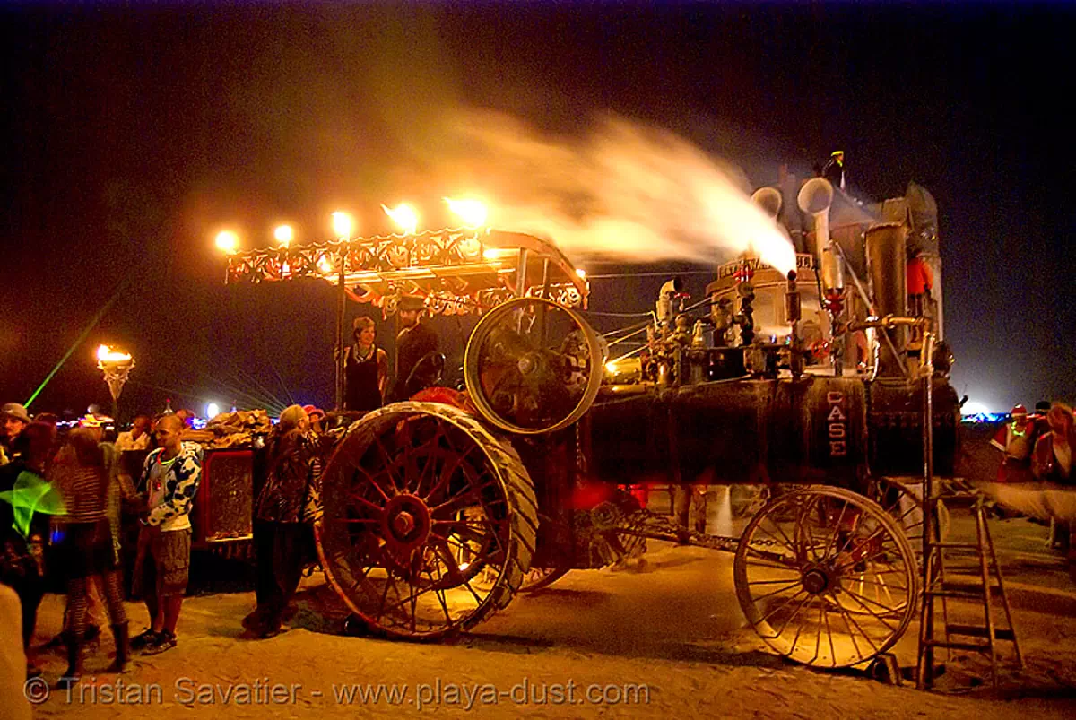 kinetic steam works' case traction engine hortense at night - burning man 2007, art car, burning man car, burning man festival, case steam engine, ksw, steam tractor, steampunk, stock photo