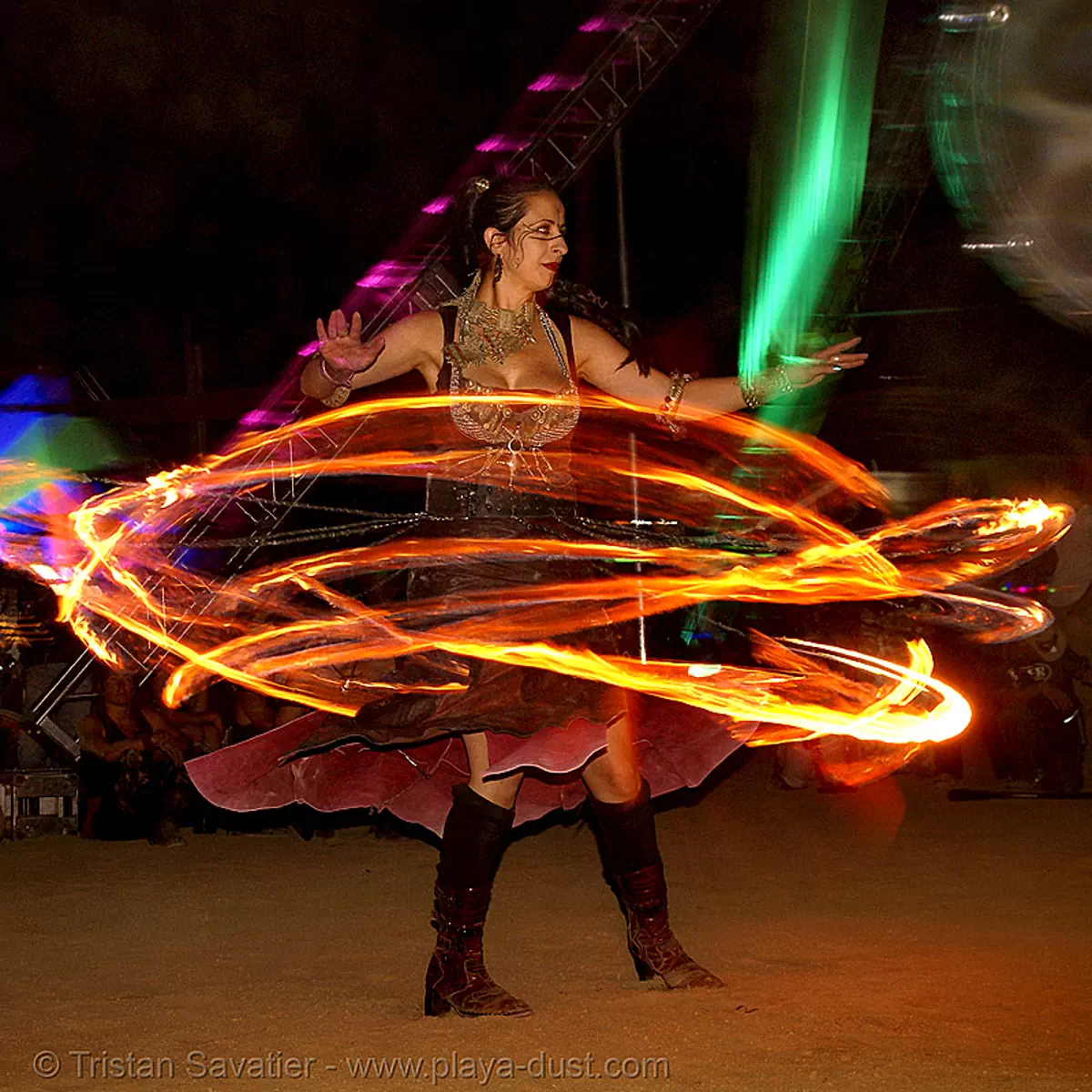 verica and her fire dress - burning man 2007, burning man festival, night, stock photo