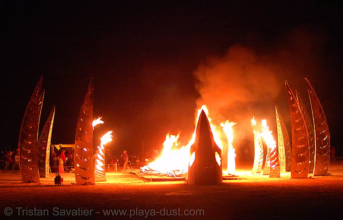 angel of the apocalypse by flaming lotus girls - burning-man 2005, art, burning man festival, fire, night