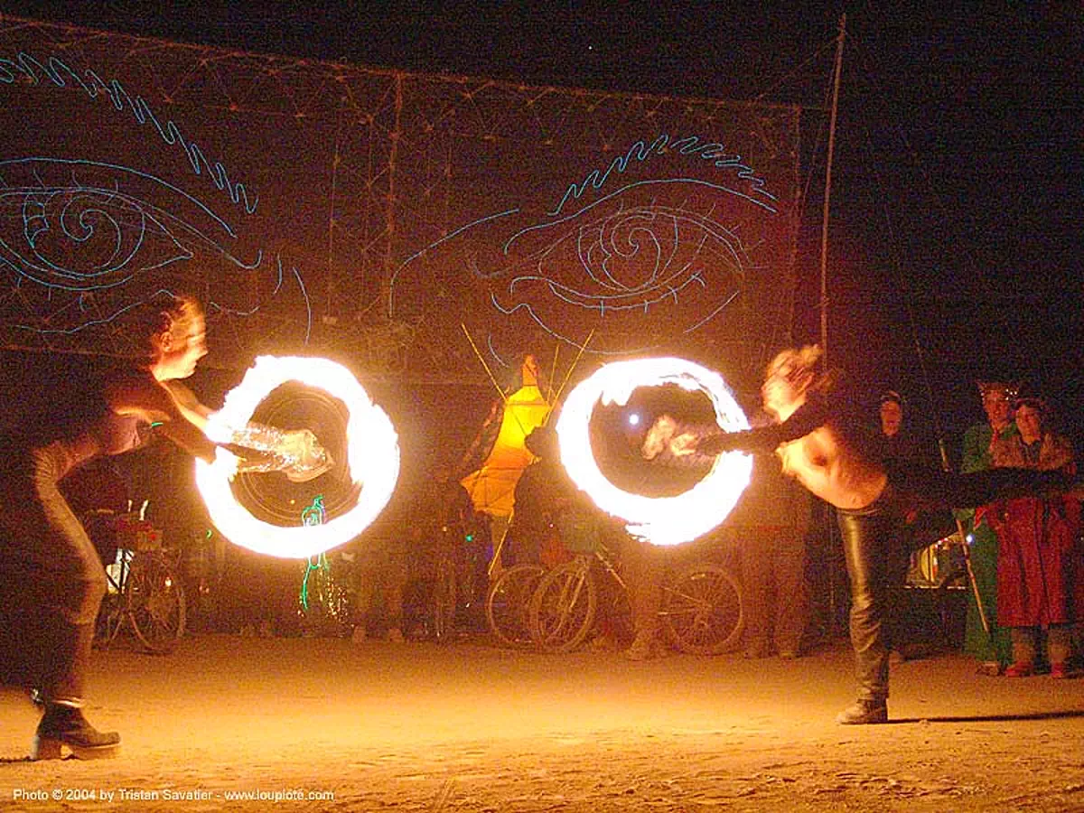 fire performers - burning-man 2004, art, burn, burning man festival, eyes of gawd, fire dancer, fire dancing, fire performer, fire poi, fire spinning, flame, long exposure, night, spinning fire, stock photo