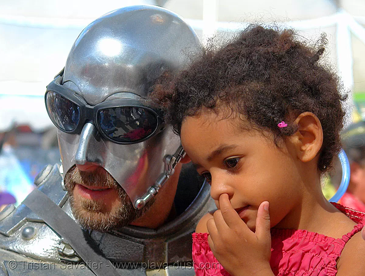 metal full face armor - warrior and kid - burning-man 2006, art, burning man festival, center camp, child, goggles, sunglasses, stock photo