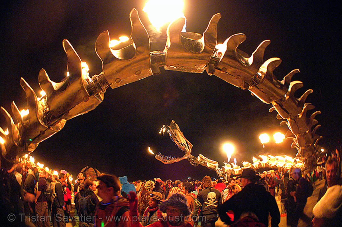 serpent mother - giant snake skeleton fire sculpture - vertebras - burning-man 2006, art installation, burning man festival, flaming lotus girls, night