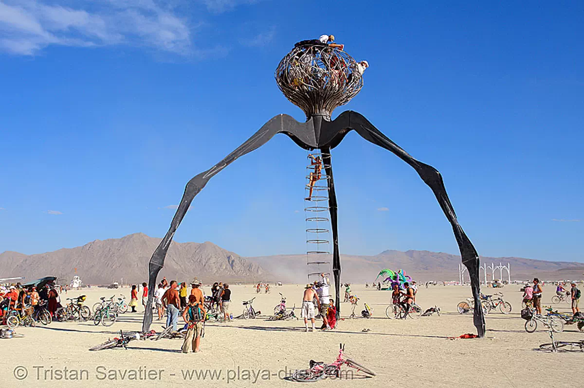giant three-legged alien - burning-man 2006, art installation, burning man festival, legs, michael christian, playa, stock photo