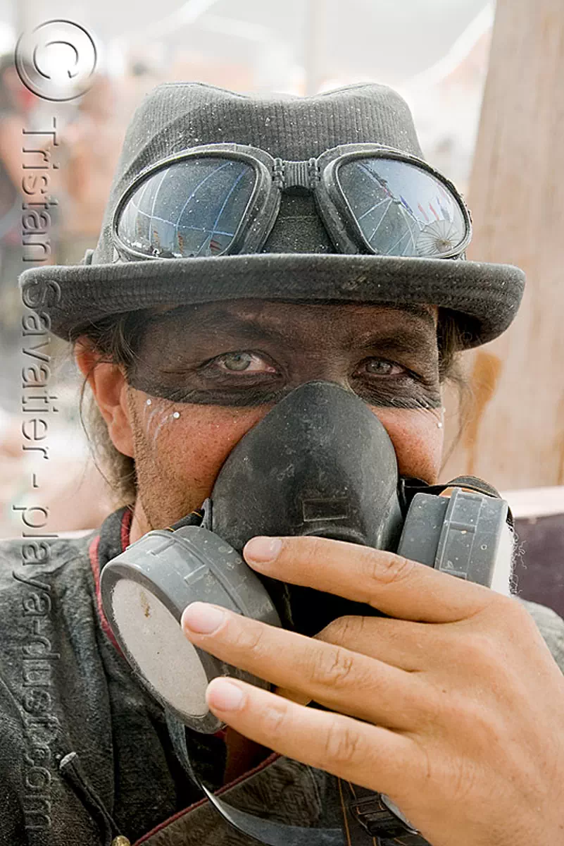 3M respirator - dust particulate mask, burning man festival, center camp, dust mask, goggles, hat, jerry hand, jerry's hand, respirator cartridges, stock photo