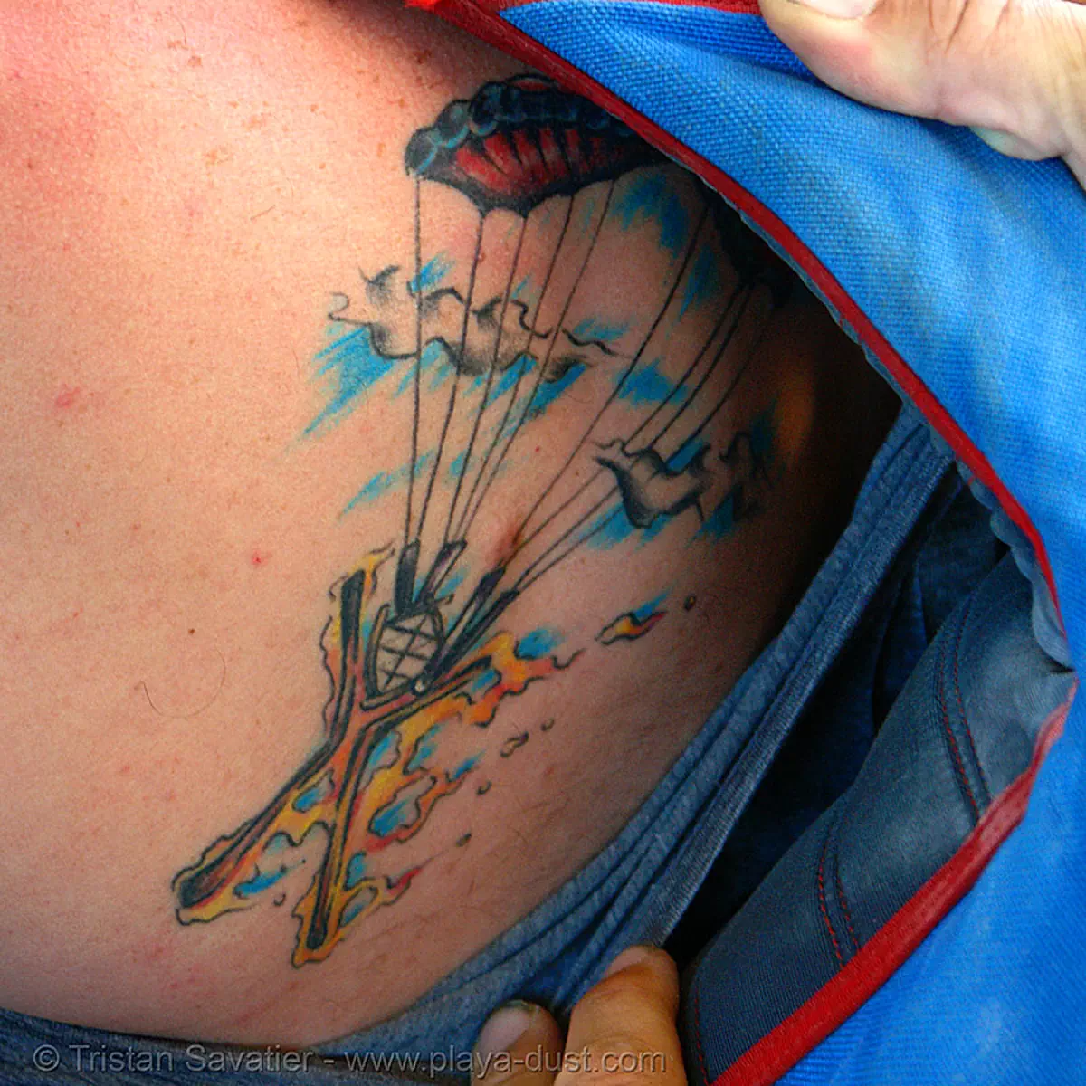 skydiver tattoo - burning-man 2006, burning man festival, burning sky, parachute, parachutist, skin, skydiving, tattooed, tattoos, stock photo