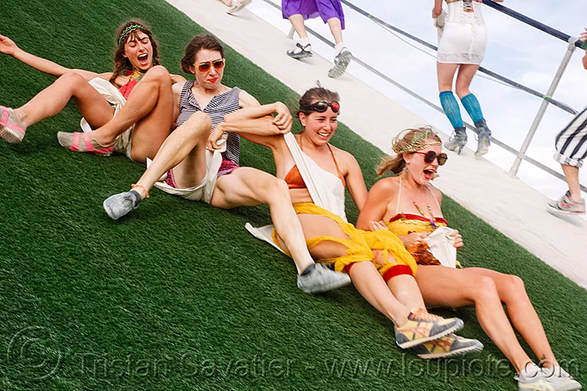 the wedge project - burning man 2009, artificial turf, astroturf slide, burning man festival, sliding, synthetic turf, stock photo
