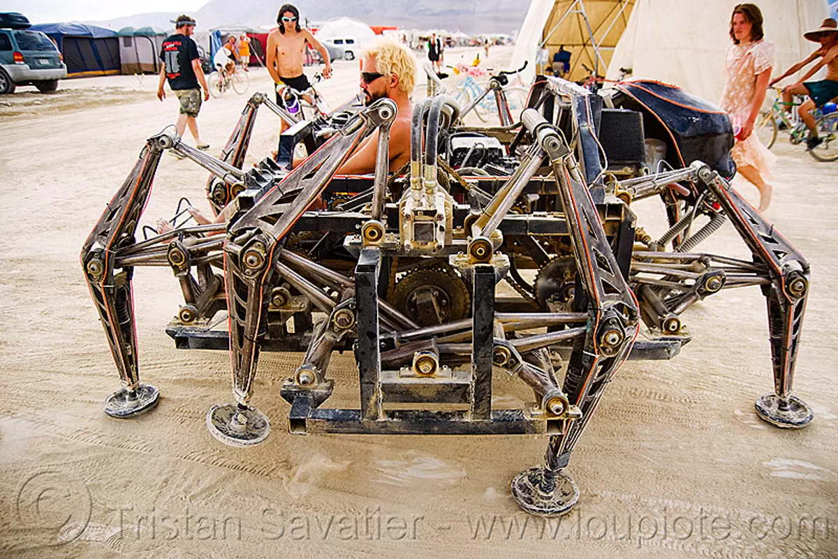 the mondo spider - burning man 2009, arachnide, art car, biomimicry, burning man car, burning man festival, hydraulic, mechanical, motorized spider, walker, walking machine, stock photo