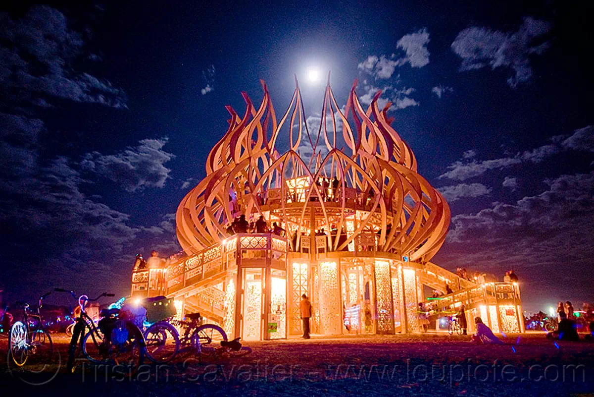 the temple under the full moon - burning man 2009, burning man festival, fire of fires, long exposure, night