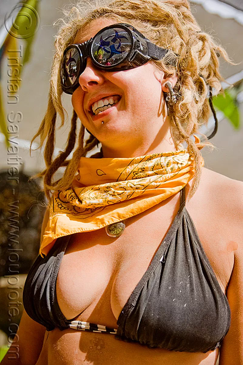 woman with yellow bandana and goggles - burning man 2009, blond, blonde, burning man festival, stock photo