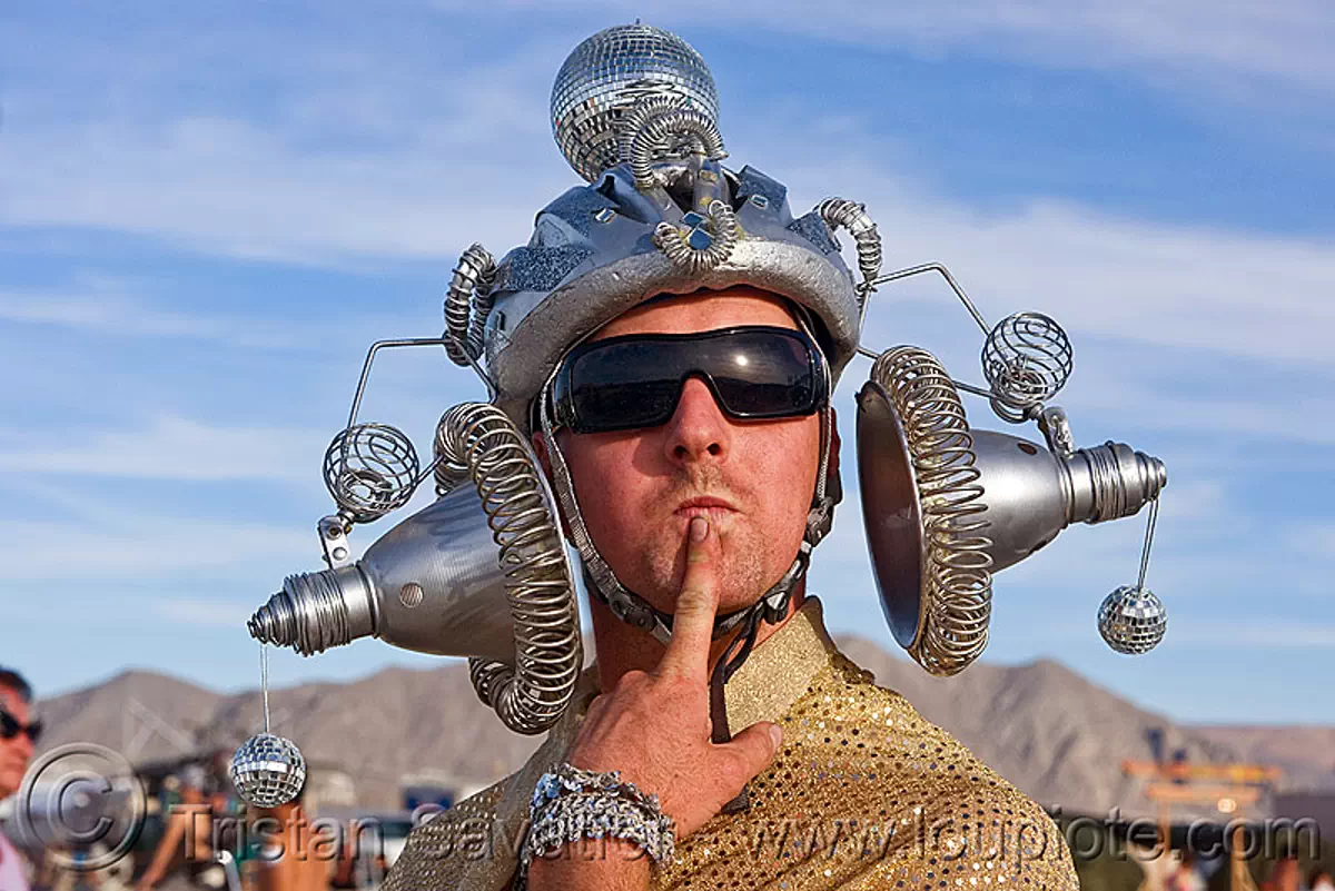 burning man 2010, burning man festival, headdress, headgear, metal, sunglasses, stock photo
