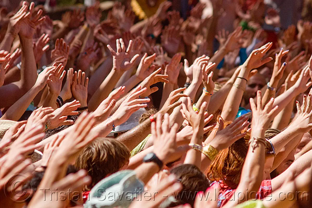 raised hands, burning man festival, center camp, crowd, hands up, kecak, ketjak, monkey chant