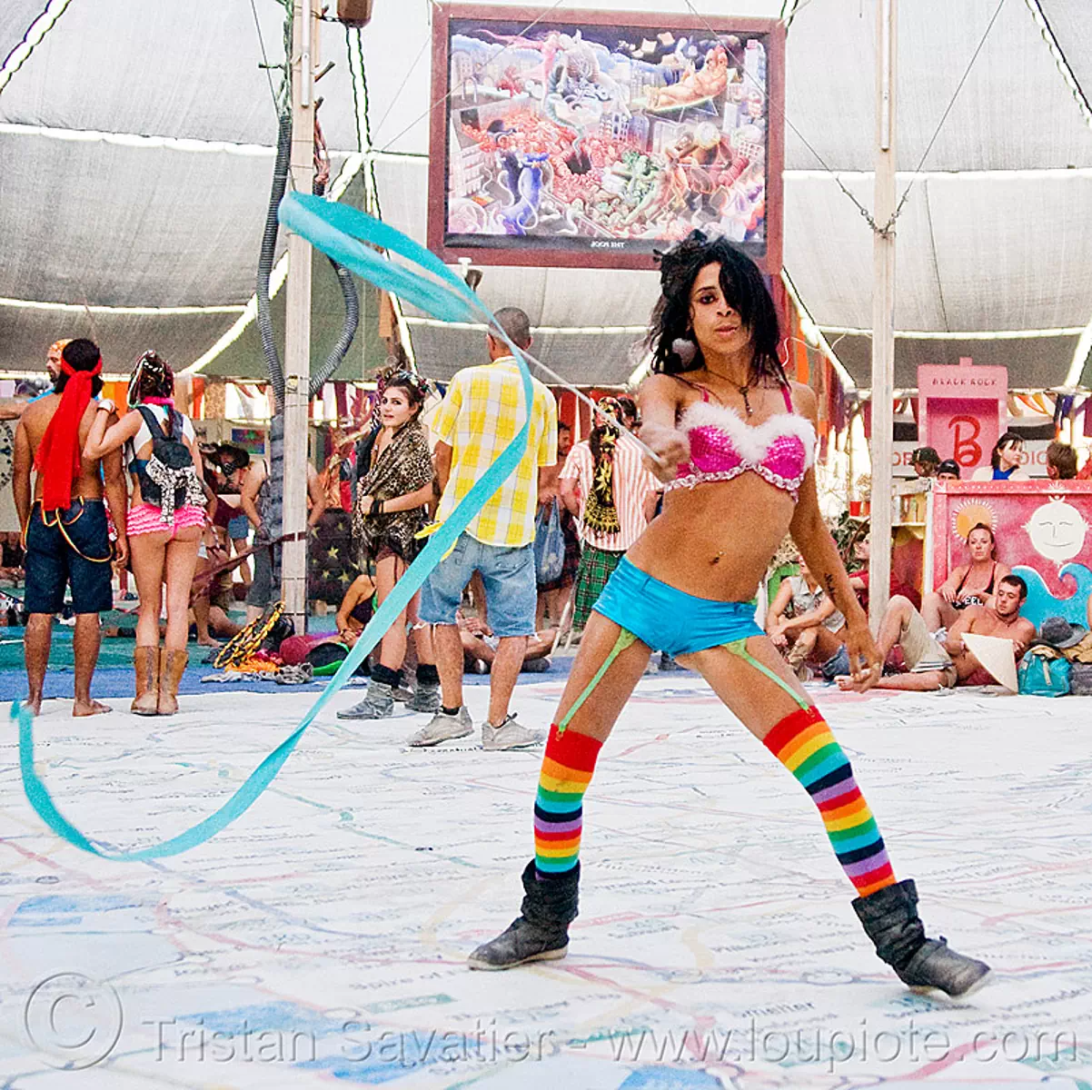 flowing ribbon, blue ribbon, burning man festival, center camp, mumu, performance, rainbow colors, rainbow stockings, rainbow tights, stock photo