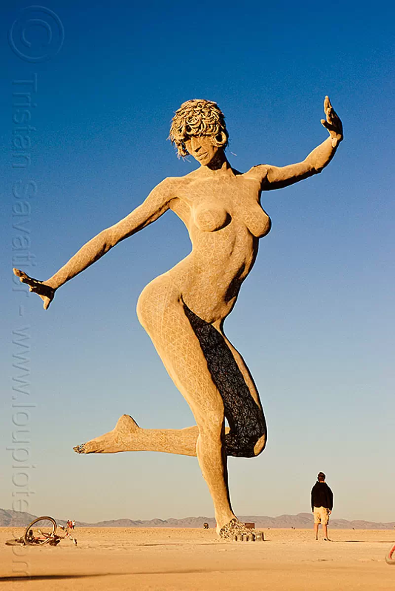 dancing lady, art installation, bliss dance, burning man festival, dancing girl, dancing woman, lloyd taylor, sculpture, statue, stock photo