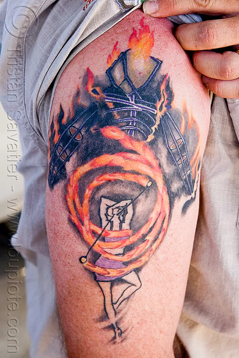 tattoo - burning man, andy pischalnikoff, arm, burning man festival, fire dancer, fire dancing, fire performer, fire poi, fire spinner, flame, playarazi, tattooed, the man, stock photo