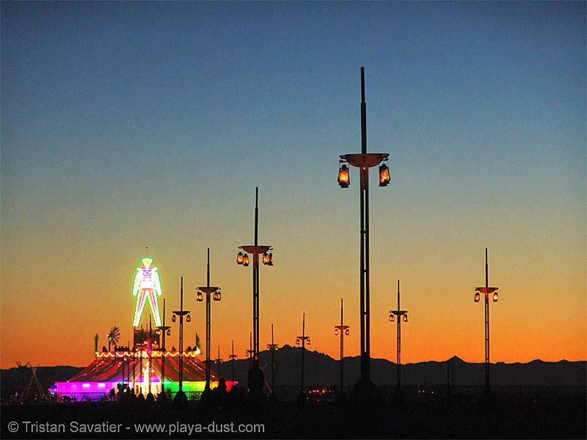 the man at dawn - burning-man 2005, art, burning man festival, night