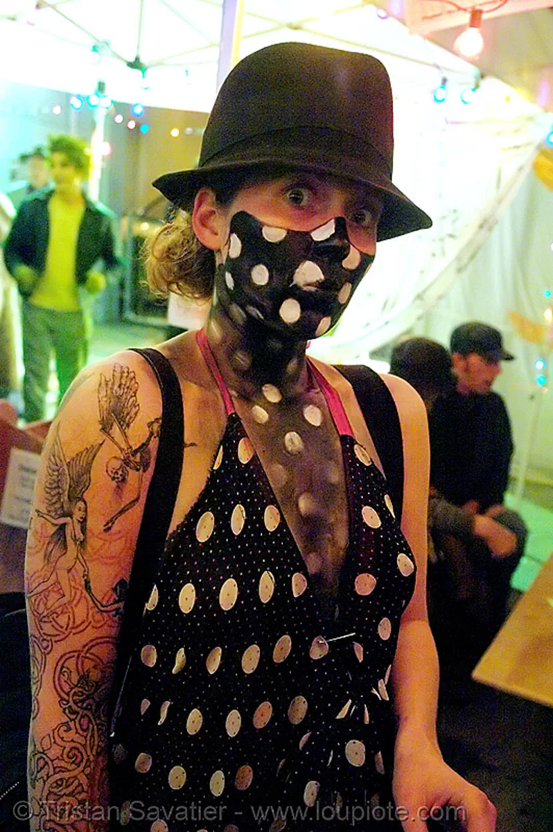 polka dots (san francisco), arm tattoo, black, bm pre-compression, burning man festival, costume, dress, face painting, facepaint, fashion, flambe, flamb&eacute; lounge, hat, makeup, tattooed, white, stock photo