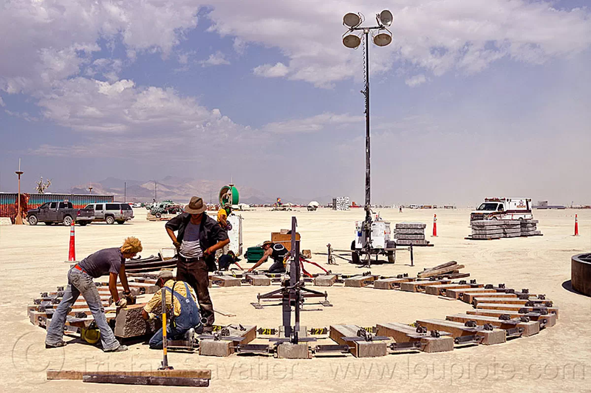 circular rail tracks construction - burning man 2012, burning man festival, the universe revolves around you, zachary coffin, stock photo