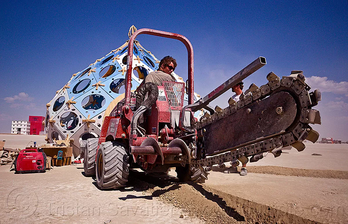 trench digger - burning man 2012, burning man festival, machinery, trenching machine, zome, zonotopia, stock photo