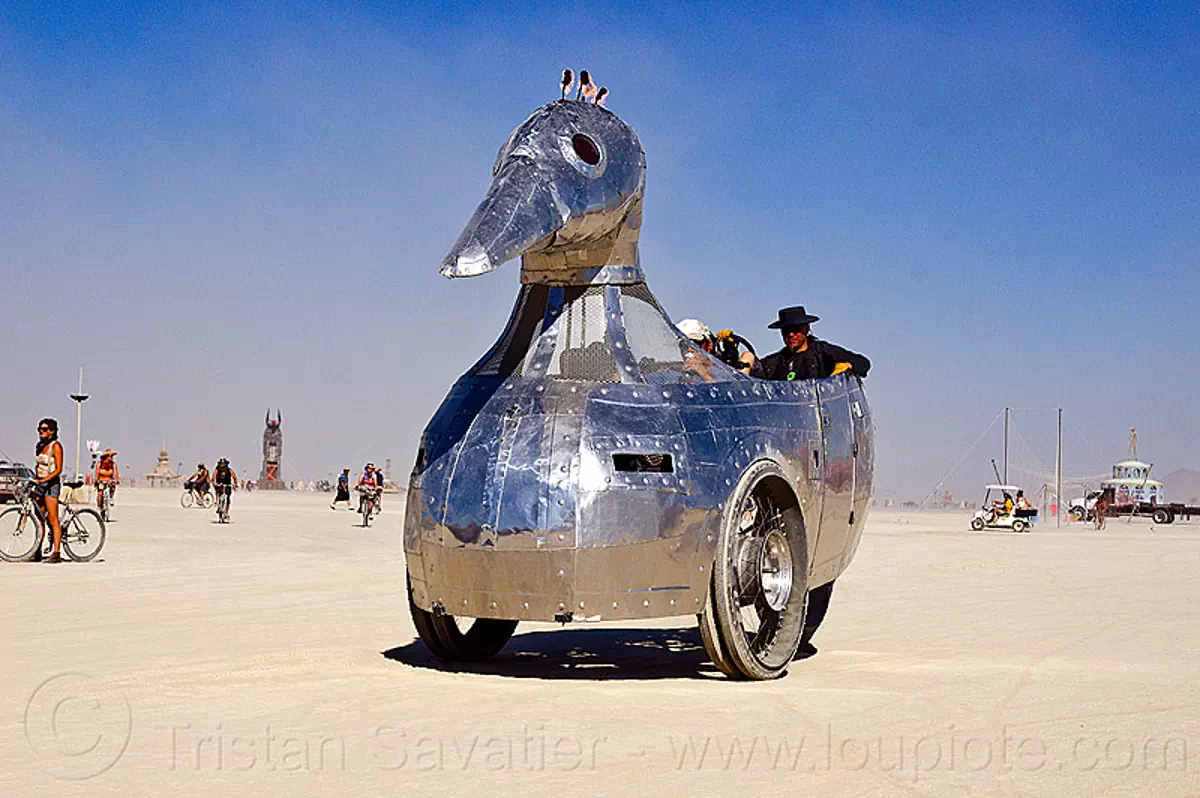 shiny duck art car - burning man 2012, burning man car, burning man festival, metal, tricycle, trike, stock photo