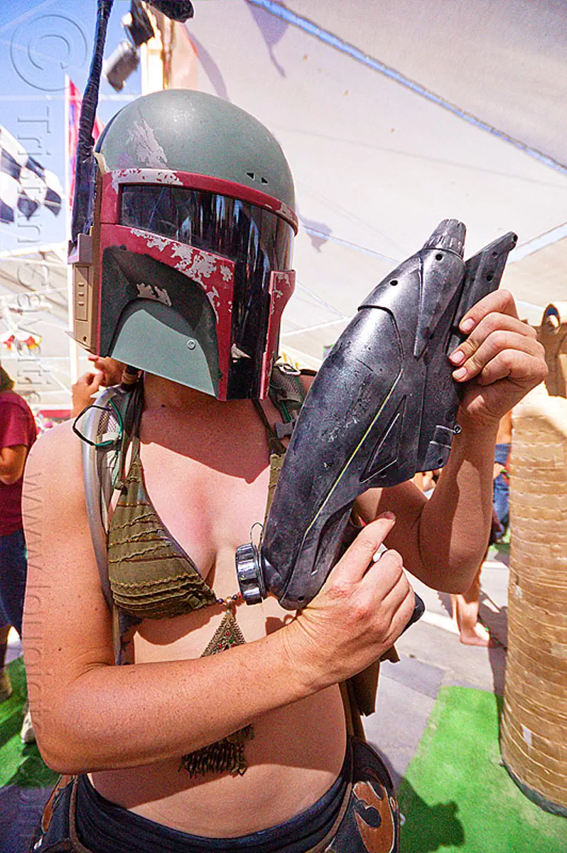 boba fett costume, burning man festival, center camp, gun, helmet, science fiction, soldier, starwars, warrior, weapon, stock photo