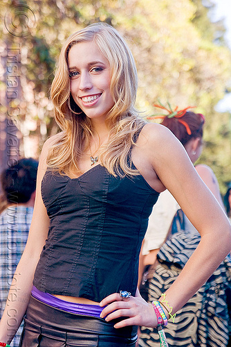 blond woman with black top samantha beads bracelet 