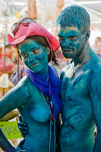 burning man - body-painted couple - a & j, blue, body art, body paint, body painting, man, pink hat, straw hat, topless, woman