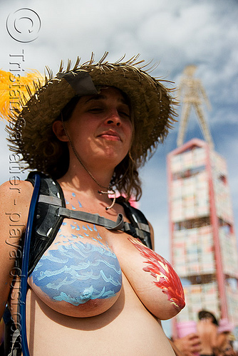 burning man - critical tits, body art, body paint, body painting, straw hat, the man, topless, woman