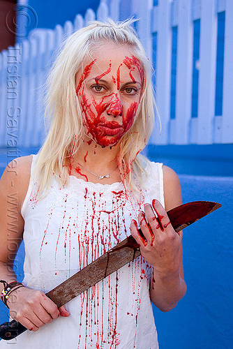 fake blood halloween makeup - young blond woman (san francisco), bleeding, blonde, fake blood, halloween, knife, machete, makeup, red, special effects, stage blood, theatrical blood, woman, zombie
