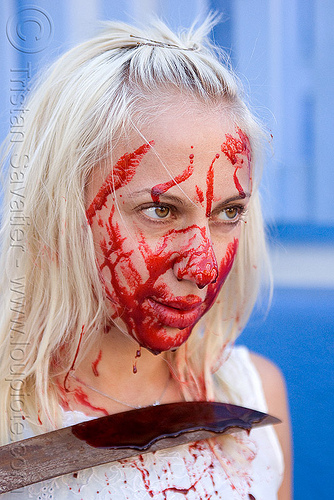 fake blood halloween makeup - young blond woman (san francisco), bleeding, blonde, fake blood, halloween, knife, machete, makeup, red, special effects, stage blood, theatrical blood, woman, zombie