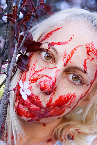fake blood halloween makeup - young blond woman (san francisco), bleeding, blonde, fake blood, flower, halloween, makeup, red, special effects, stage blood, theatrical blood, woman, zombie