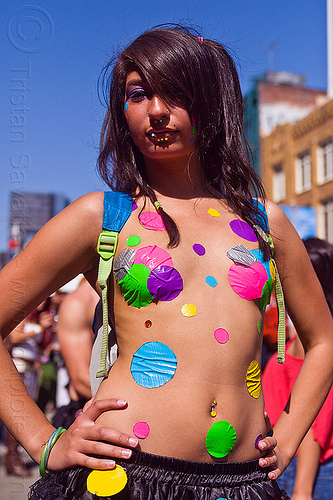 girl with color polka dots pasties, belly button piercing, belly piercing, color pasties, color polka dots, colorful, devin, lip piercing, navel piercing, rainbow pasties, rainbow polka dots, woman