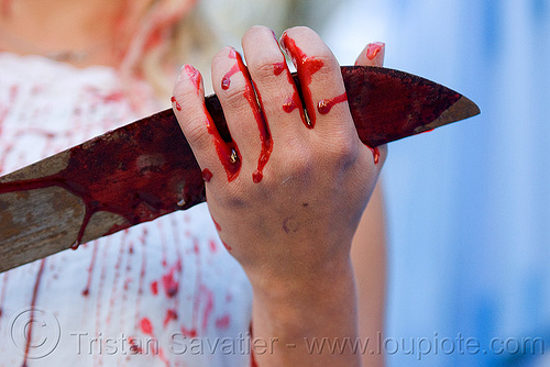 hand and knike with fake blood, bleeding, fake blood, halloween, hand, knife, machete, makeup, red, special effects, stage blood, theatrical blood, woman, zombie