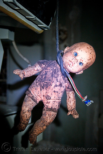 hanging doll - abandoned hospital (presidio, san francisco), abandoned building, abandoned hospital, baby doll, blood, creepy, dark humor, dark humour, dead baby, death, evil, found art, gore, gory, hanging, hitchcock, horror, presidio hospital, presidio landmark apartments, red, spooky, trespassing, voodoo