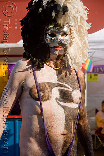 man with feather mask and body painting - folsom street fair 2009 (san francisco), body art, body paint, body painting, feathers, man, mask, white
