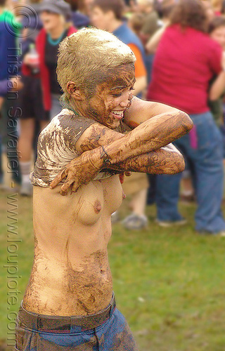 mud fight - girl - kelly, mud, muddy, topless, woman