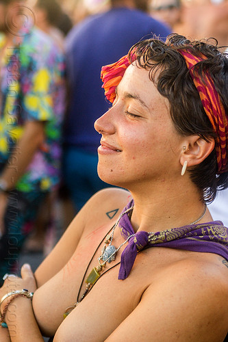 yassmine dancing at decompression 2014 (san francisco), bandana, dancing, headband, hippie, jewelry, necklaces, topless, woman, yassmine