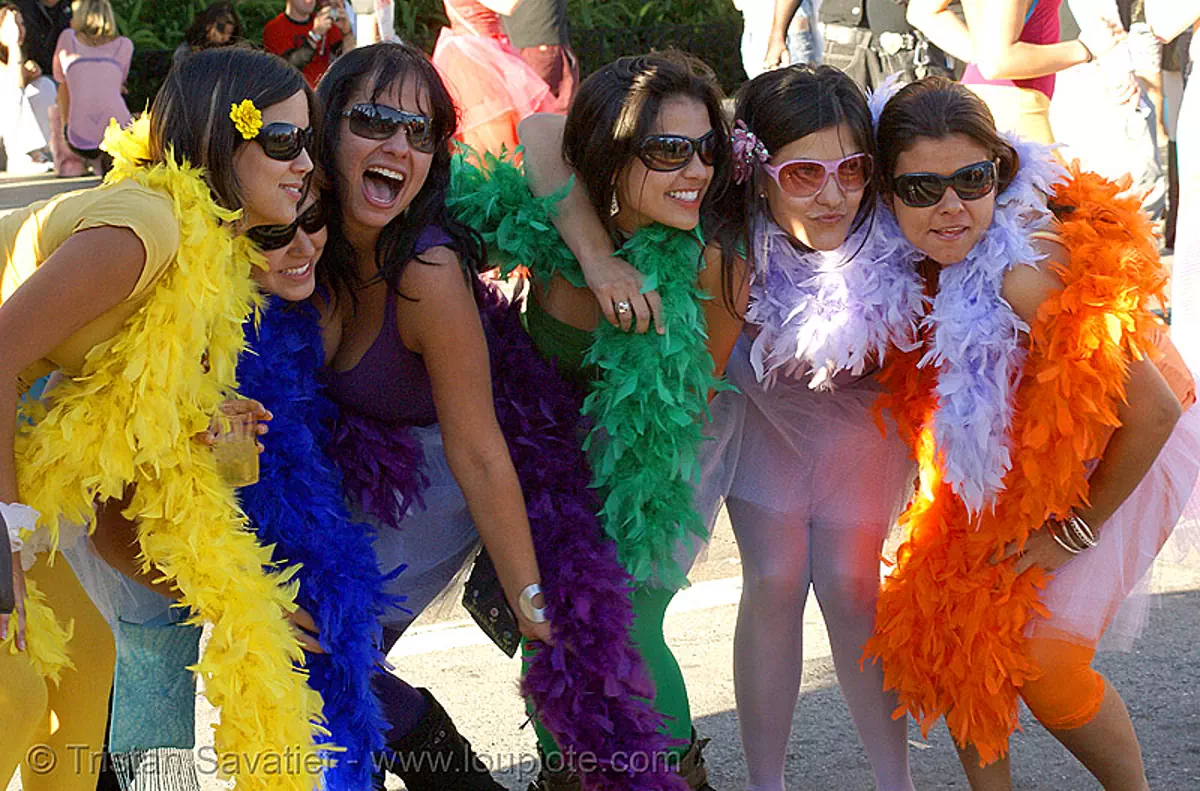 rainbow girls - san francisco lovefest 2007, feather boas, festival, love fest, lovevolution, rainbow colors, women, stock photo