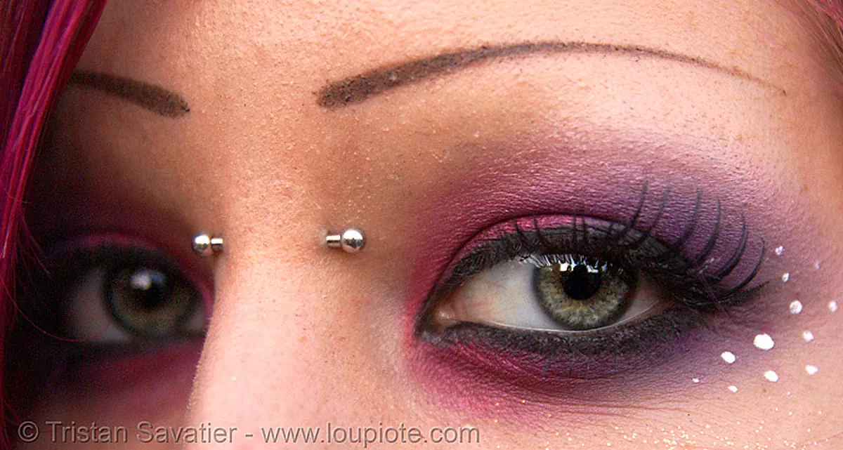 piercing - nose bridge, barbell, bridge of the nose, eyelashes, eyes, festival, love fest, lovevolution, lux, makeup, nose bridge piercing, nose piercing, shaved eyebrows