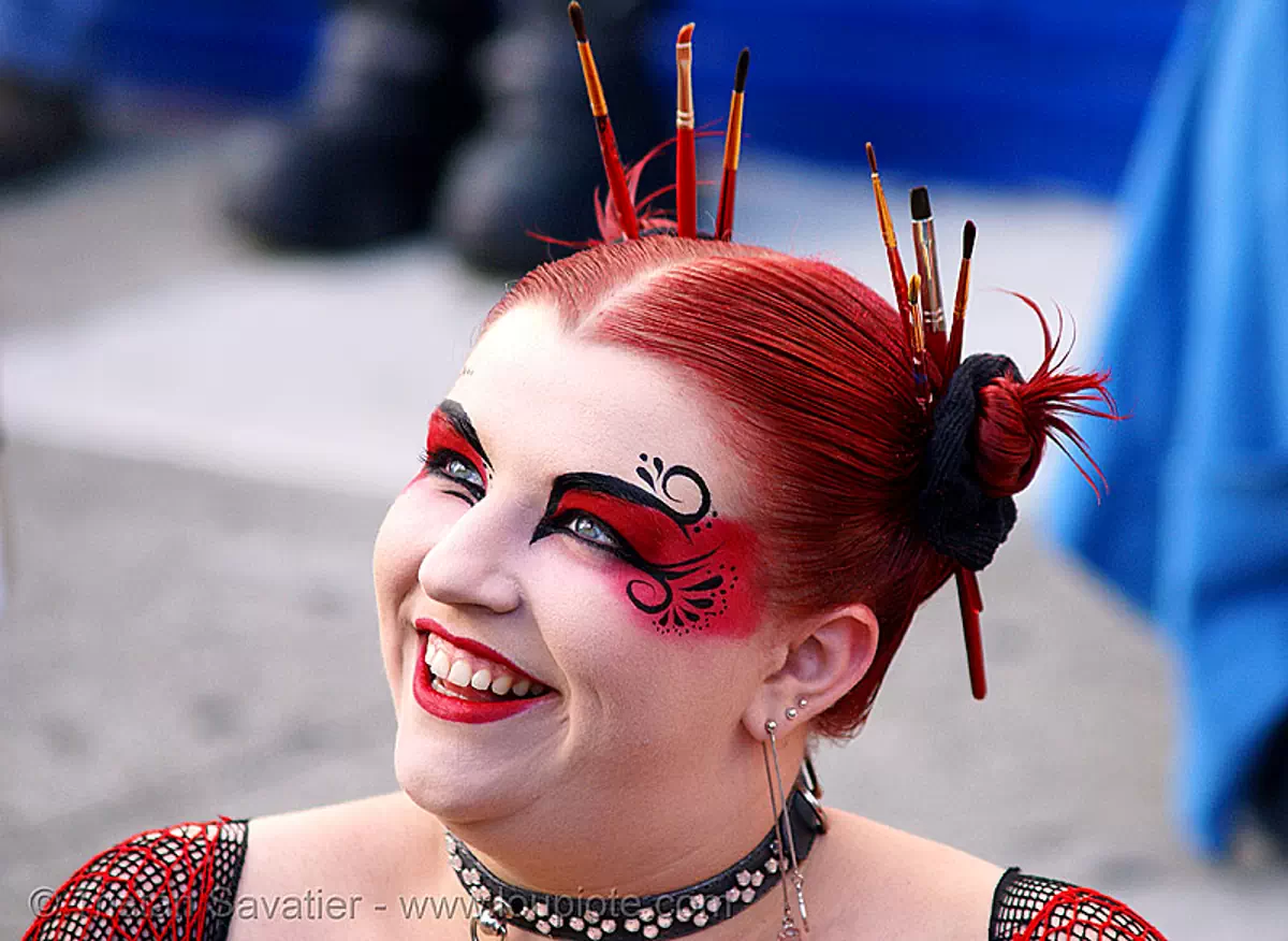 chrysalis rose, makeup artist - folsom street fair 2007 (san francisco), eye makeup, red hair, stock photo