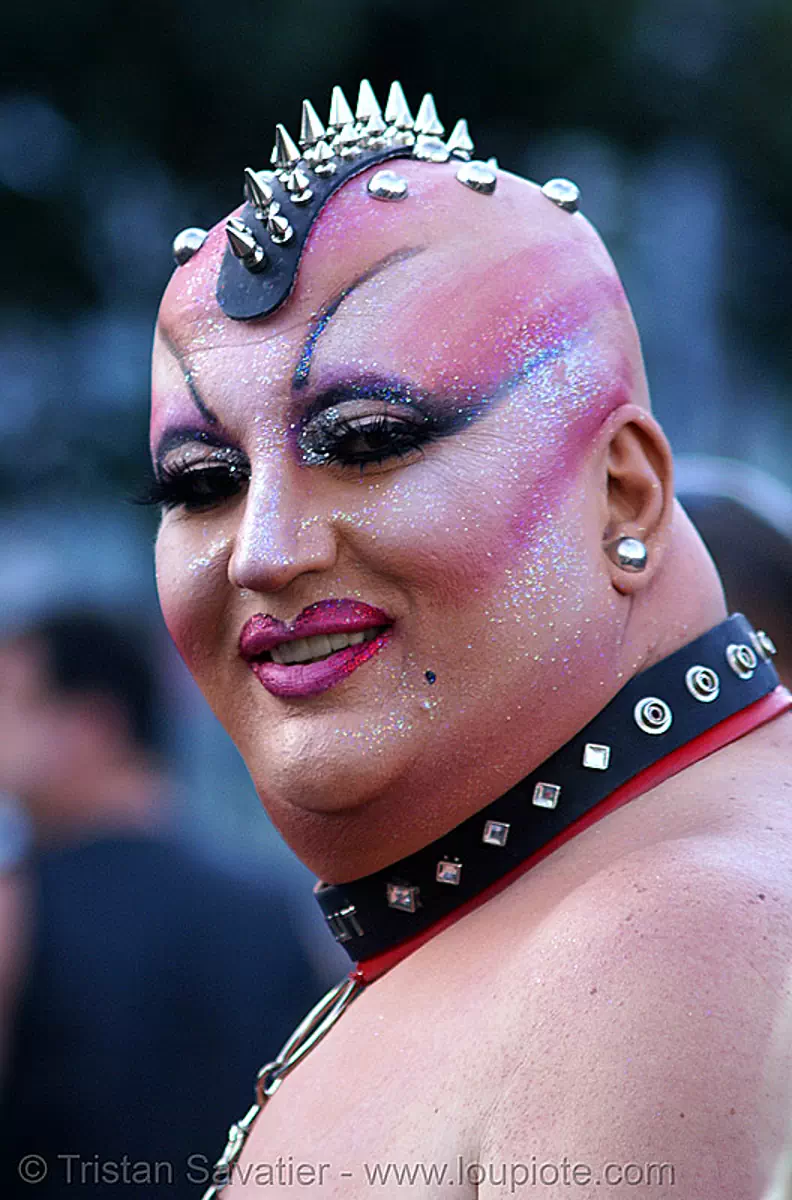 ugly man - no, just strange!, cockscomb, coxcomb, crest, drag queen, fetish, folsom street fair, glitter, leather collar, makeup, nails, necklace, no neck, punk man, spikes, vivian, stock photo