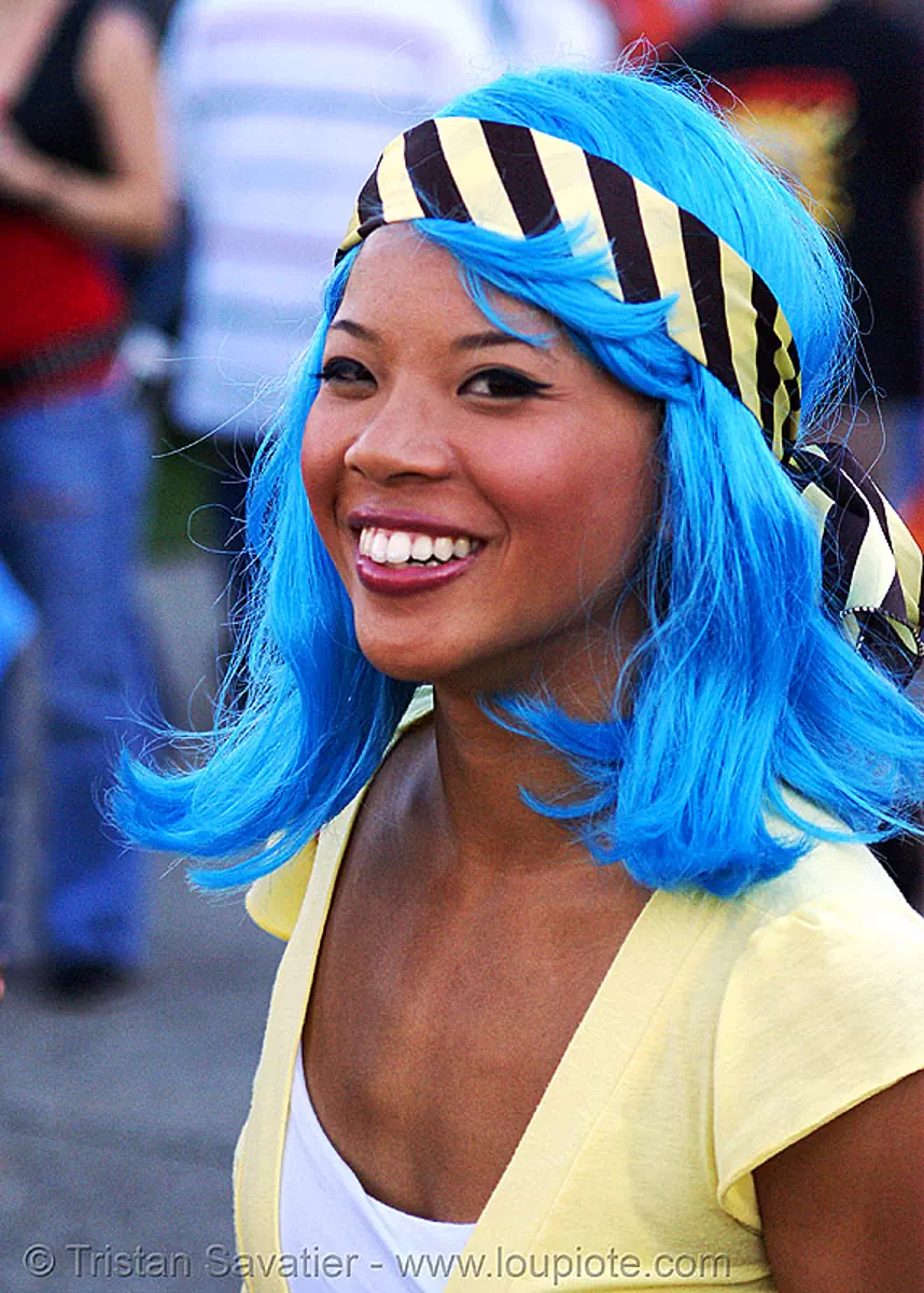 blue wig - girl with blue hair, asian woman, fashion, festival, love fest, lovevolution, yellow, stock photo