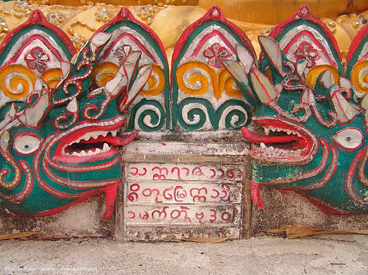 Nāga snakes - wat somdet - สังขละบุรี - sangklaburi - thailand, burman, nāga dragon, nāga snake, temple, ประเทศไทย, สังขละบุรี, stock photo