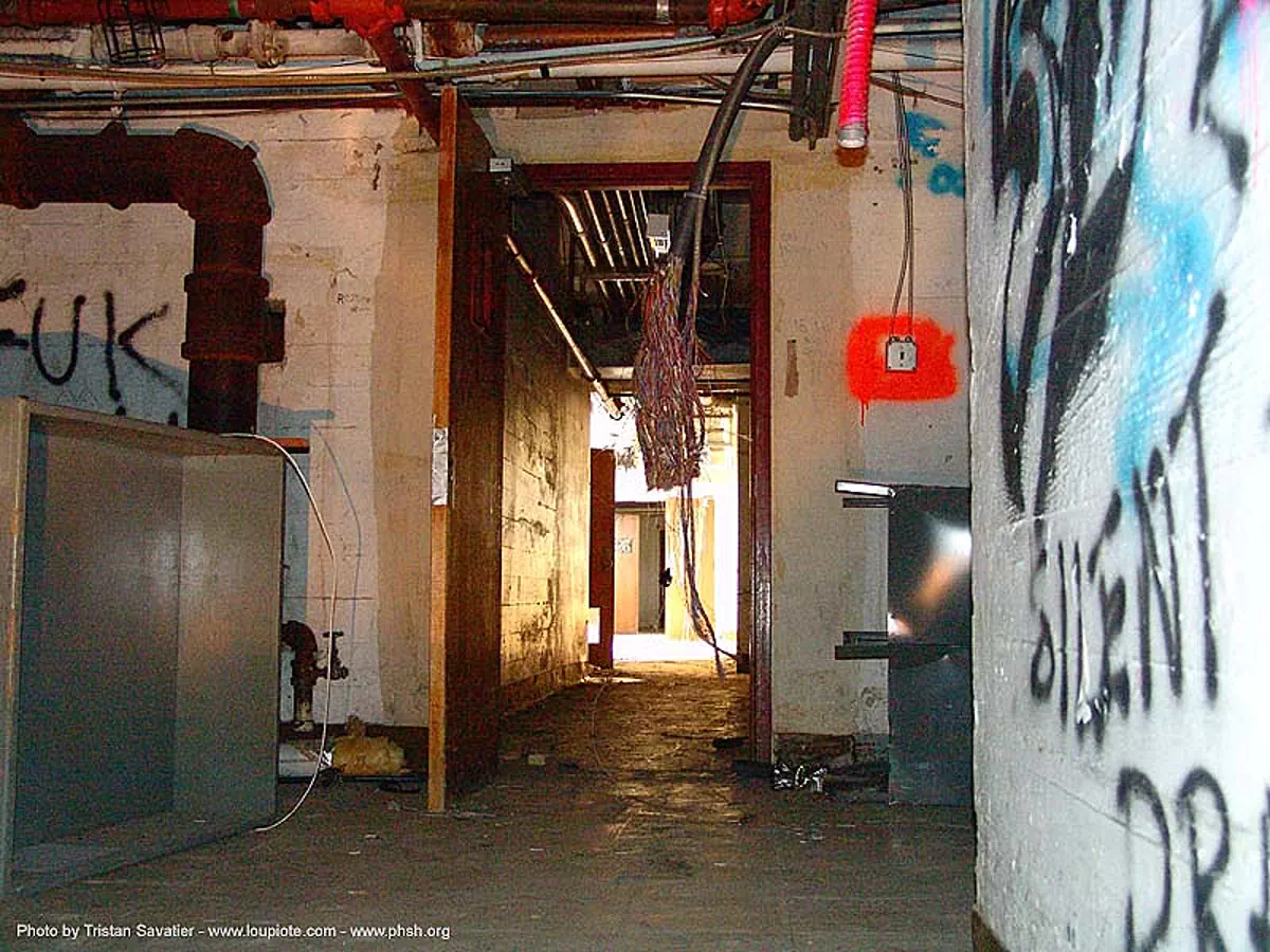 basement - abandoned hospital (presidio, san francisco) - phsh, abandoned building, decay, graffiti, presidio hospital, presidio landmark apartments, trespassing, urban exploration, stock photo
