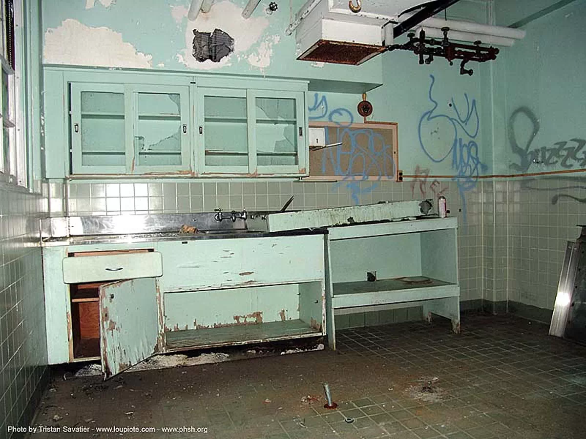 autopsy-room - abandoned hospital (presidio, san francisco) - phsh, abandoned building, decay, graffiti, presidio hospital, presidio landmark apartments, trespassing, urban exploration, stock photo