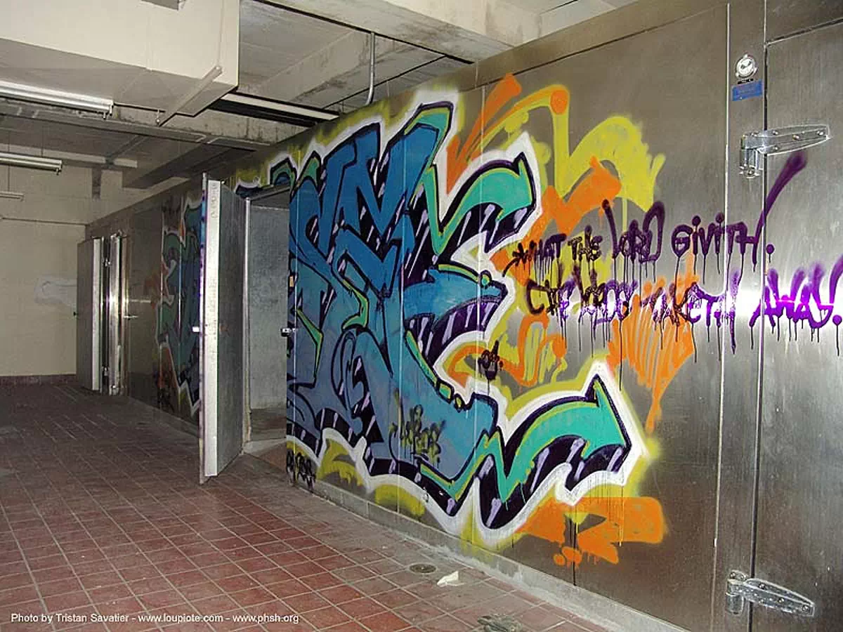 freezer - graffiti - abandoned hospital (presidio, san francisco) - phsh, abandoned building, decay, presidio hospital, presidio landmark apartments, trespassing, urban exploration, stock photo