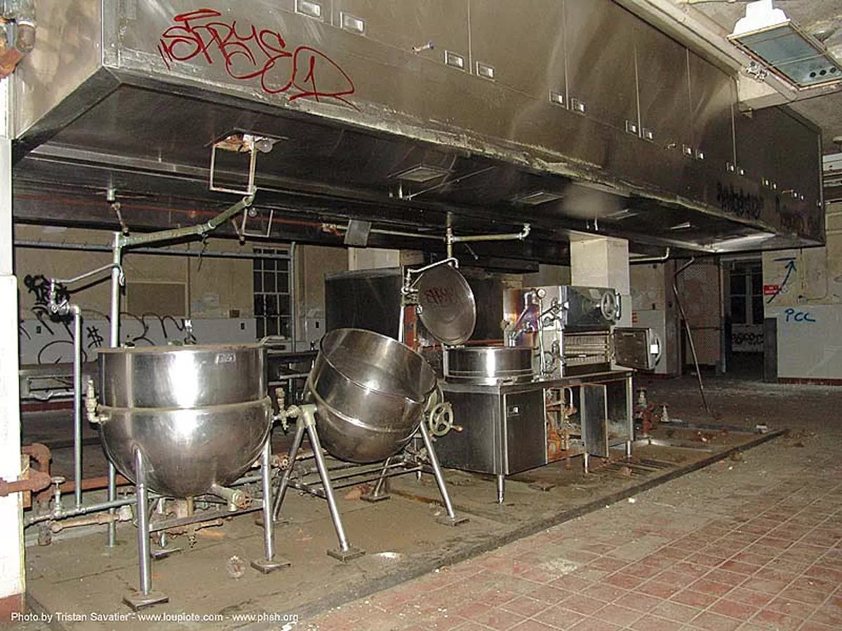 hospital-kitchen - abandoned hospital (presidio, san francisco) - phsh, abandoned building, decay, graffiti, industrial kitchen, presidio hospital, presidio landmark apartments, trespassing, urban exploration, stock photo